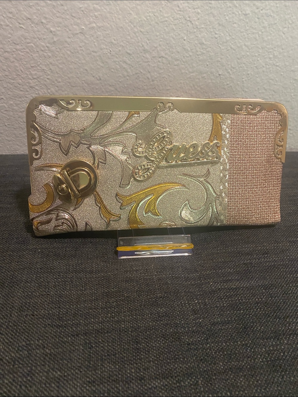 Guess Metallic Rose Gold Floral Embossed Wallet with Gold Accents